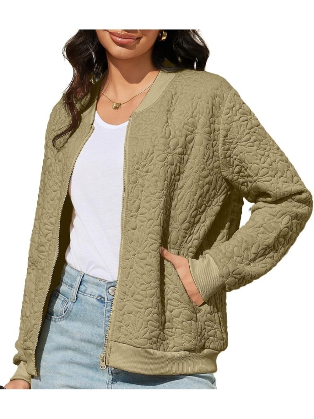 🆕Women's Khaki Long Sleeve Full Zip Sweatshirt Casual Jacket With Pockets